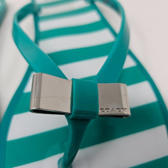 Coach Size 9B Green/White Striped Landon Jelly Flip Flops Thong Sandals Flat Bow - Picture 6 of 11
